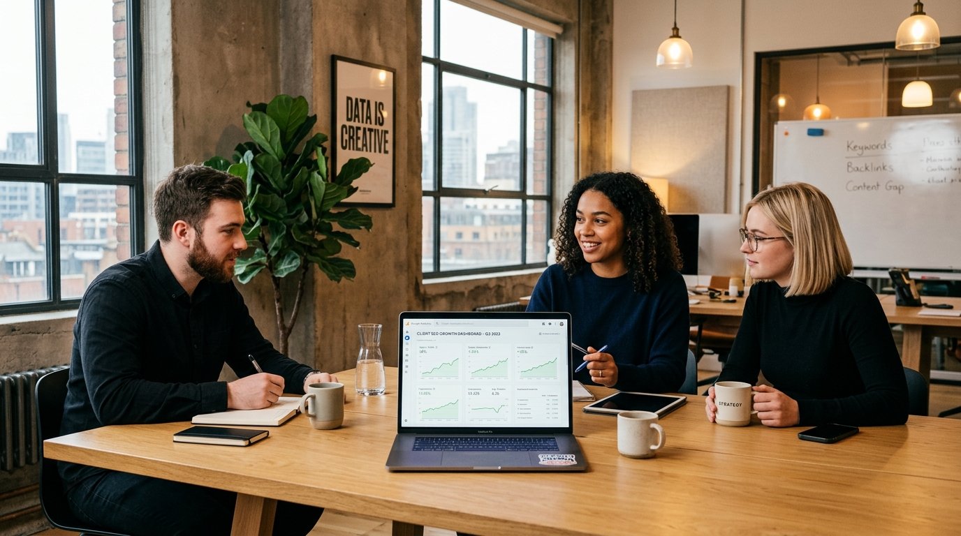 Modern SEO stratejisi ve organik büyüme analiz toplantısı